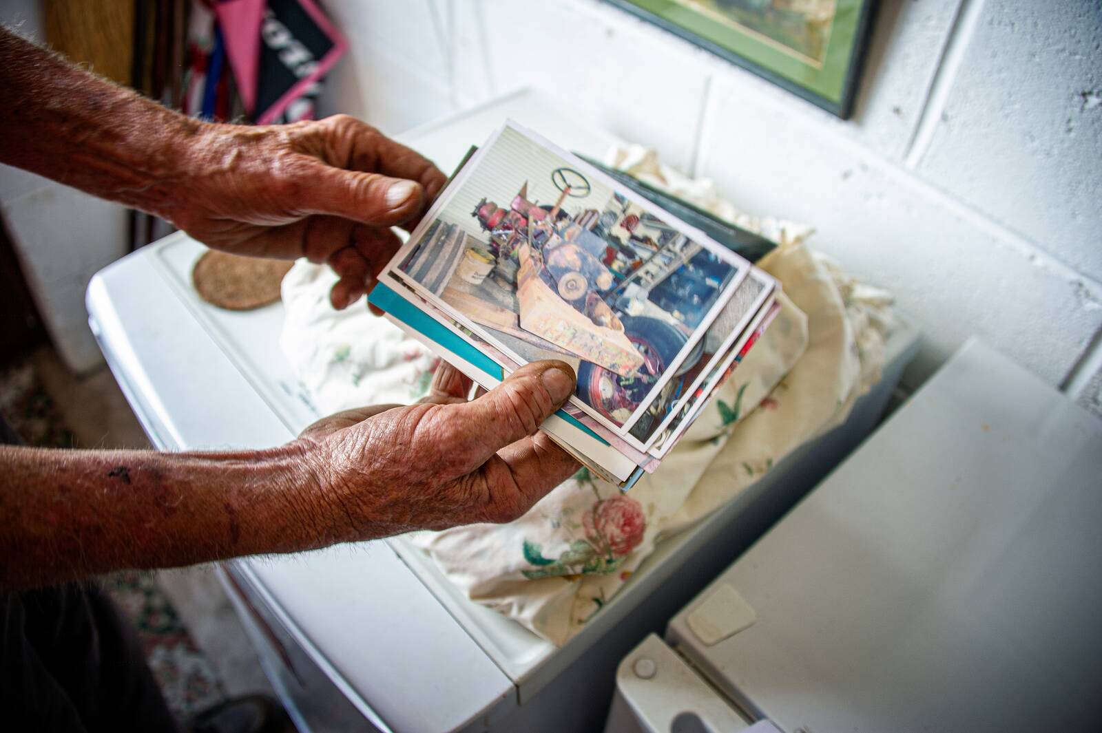 Bill's hands sorting old photographs