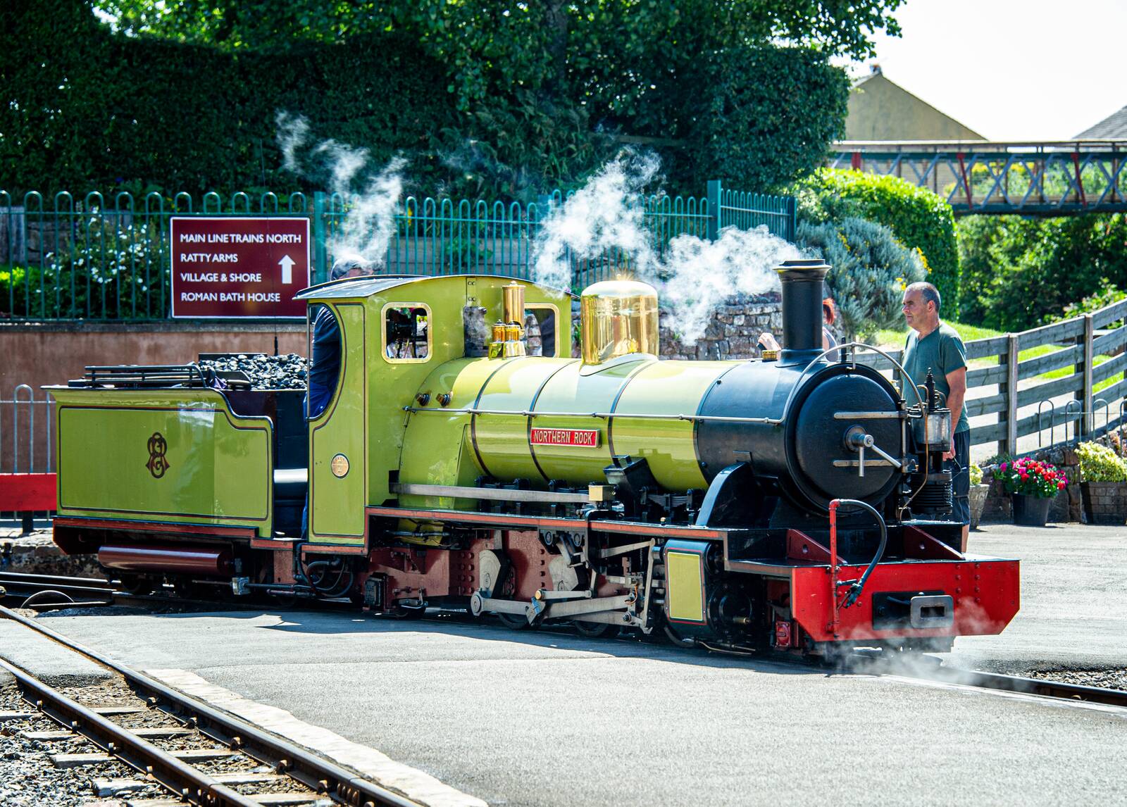 Green steam locomotive at Ravenglass